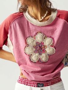 Bohemela 休闲针织撞色圆领宽松大码短袖T恤 - 彩色 - 查看 4