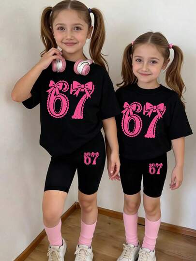 2pcs/Set Girls Casual Creative Numeric 67 & Floral Bow Print T-Shirt And Bike Shorts Outfit, Comfortable Spring, Summer & Autumn Athleisure Wear