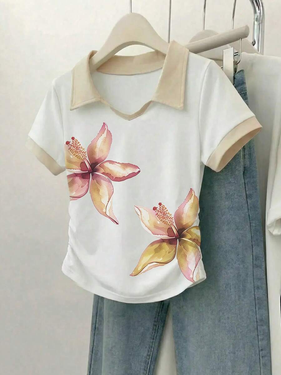 Resyla Lily Floral Digital Print Fashionable Minimalist Women's Polo Collar Fitted T-Shirt, Gift For Friends - White - View 1