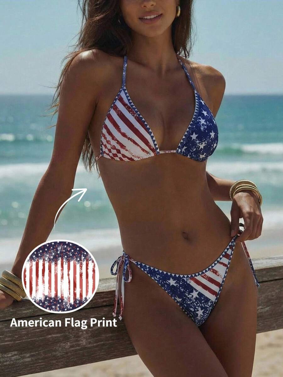 SHEIN Swim Vcay 26SS Women's Spring/Summer Beach Outfit, Women's Striped & Star Print Halter Backless Sexy Bikini Set, 2pcs,Beach Vacation 2026 New Women's Swimwear ArrivalFor School,Suitable For Holiday, Date, Afternoon Tea, Western, Cruise, Beach, Island, Road Trip, All Seasons, Music Festival, Boho Vacation,Bohemian Vacation, Chill Autumn ,Western Boho ,Elegant Dress For Women Lively Holiday Colorful Prints Swimsuit. American Flag Bikini Red White And Blue Bikini Fourth Of July Bikini 4th Of July Swimsuit American Flag Clothes Women - Multicolor - View 1