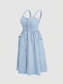 SHEIN MOD Plus Size Summer Casual Solid Color Dress With Big Pockets And Front Buttons,Graduation Dress - Blue - View 5