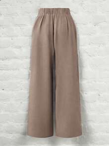 SHEIN PETITE CURVE 大码女式金属装饰纯色阔腿裤，适合休闲、派对、通勤等多种场合，可裹身穿着，优雅百搭，是女士正装裤、女士长裤和阔腿裤的理想之选。 - 卡其色 - 查看 2