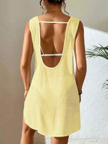 SHEIN Swim 女士纯色圆领休闲度假日常穿着罩衫连衣裙 - 黃色 - 查看 3
