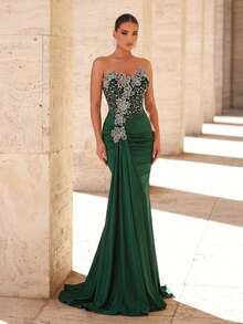 Glamrae Elegant Luxurious Beaded Bubble Floral Bandeau Patchwork Elastic Knit Swimsuit,Suitable For Weddings,Singles Parties,Vacations,Balls,Formal Gowns - Green - View 5