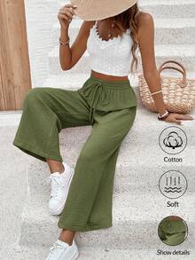 SHEIN Frenchy 女士度假休闲纯色阔腿裤 - 軍綠色 - 查看 7