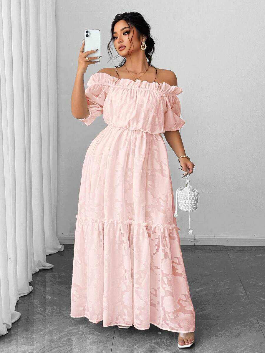 Vionelle Elegantes Kleid mit Rüschensaum und Off-Shoulder in Große Größen, Sommer - Babypink - Übersicht 1