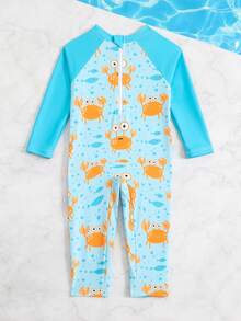 SHEIN 男婴泳衣，连体泳衣，长袖长裤，拉链设计方便穿脱，针织面料，可爱海龟数码印花海边泳衣，男婴海边泳衣 - 彩色 - 查看 2