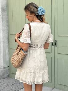 Serisse Women Elegant Holiday Casual Solid Color  V-Neck Ruffle Sleeve Cut Flower Chiffon Casual Dress With Lace Embroidery And A-Line Hem,Vacation Style,Jacquard Textured Babydoll Dress,Romantic Jacquard Flower Summer Dress,Ruffled Dress,Summer Dresses For Women Vacation Outfits Woman Beach Outfits For Woman Dresses For Women Elegant  Business Casual Woman,Casual Dresses For Women Summer Vacation Outfits Wedding Guest Dress For Women Carnival Dress - Apricot - View 2