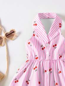 SHEIN Casuvi Kids 花园女孩夏季新款时尚Polo领露背吊带束腰甜美度假风连衣裙，少女正式连衣裙 - 粉色 - 查看 4