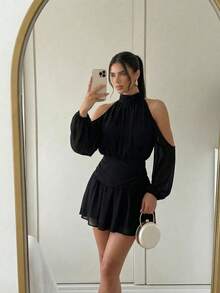 Firerie Đầm ngắn voan thanh lịch cổ buộc dây hở vai dành cho nữ, thích hợp cho những buổi hẹn hò mùa hè. - màu đen - Xem 5