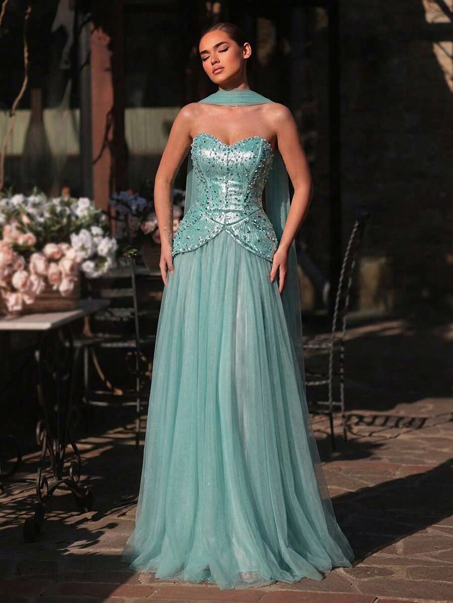 Glamrae Women's Beaded & Rhinestone Decorated Strapless Formal Evening Gown