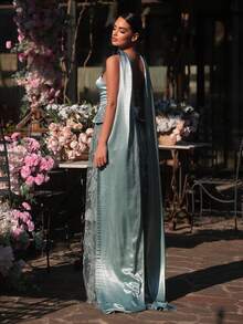 Glamrae Đầm maxi ren satin tay dài đính cườm và kim sa sang trọng, gợi cảm, không dây vai, thích hợp cho đám cưới, sự kiện, tiệc tùng, kỳ nghỉ, dạ hội (được trang trí cầu kỳ). - Màu xanh nhạt - Xem 3