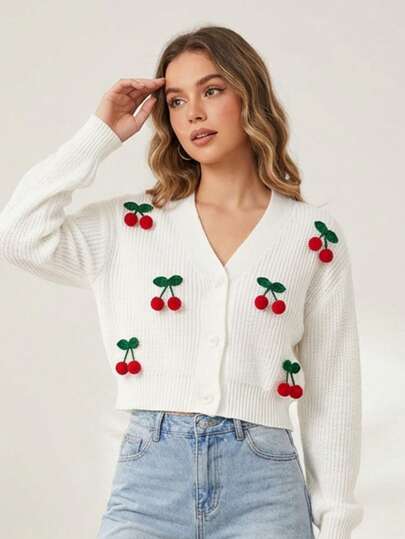 Suéter tejido con cerezas decorativas para mujer