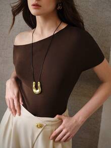 MOTF PREMIUM SOLID COLOR ASYMMETRICAL SHOULDER SHORT SLEEVE RIBBED KNIT TOP - Coffee Brown - View 2