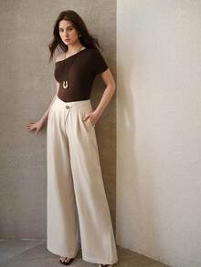 MOTF PREMIUM SOLID COLOR ASYMMETRICAL SHOULDER SHORT SLEEVE RIBBED KNIT TOP - Coffee Brown - View 7