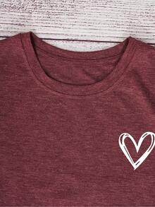 EMERY ROSE Women's Round Neck Heart Print Short Sleeve Casual Fashion Regular T-Shirt - Burgundy - View 5