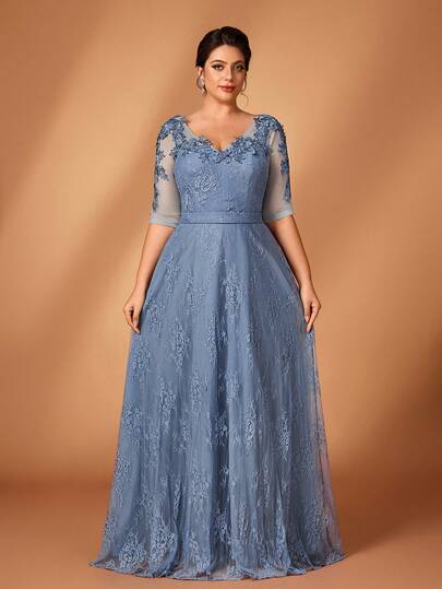 Serin Đầm dáng chữ A cổ tròn tay lửng 3/4 màu xanh nhạt thanh lịch, cỡ lớn, thích hợp cho mọi dịp, đầm dành cho mẹ cô dâu.