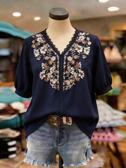 Linhara Áo kiểu nữ cỡ lớn thêu ren cổ chữ V họa tiết hoa dây leo tay ngắn