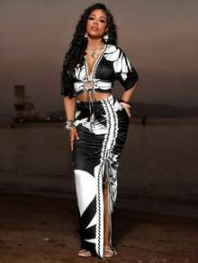 Lureya Áo sơ mi tay bồng thời trang nữ, in họa tiết, cài cúc kim loại phía trước, eo cao, ôm sát, xẻ tà cao, gợi cảm, quyến rũ, tinh tế, trẻ trung, thanh lịch, lãng mạn, thích hợp mặc hàng ngày, đi nghỉ mát, dự tiệc, áo tay ngắn và chân váy, bộ 2 mảnh, mùa xuân/hè. - Nhiều màu - Xem 4