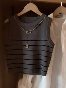 Resyla 女士条纹印花圆领修身休闲百搭背心，春夏款 - 彩色 - 查看 3