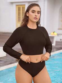 Swim SPRTY 大码女式运动长袖纯色上衣和短裤泳衣套装 - 咖啡棕 - 查看 3