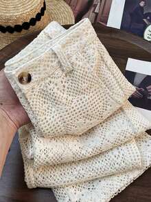 GlowEve 时尚新款优雅蕾丝镂空拉链前开合女式休闲裤 - 杏色 - 查看 5