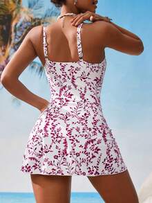 SHEIN Swim Lushore 女士度假沙滩植物印花连体泳衣 - 酒紅色 - 查看 2