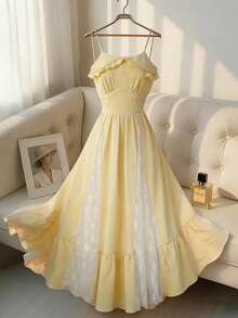 GlowEve 2026 Spring/Summer New Yellow Women's Vacation Ruffled Waist A-Line Lace Patchwork Spaghetti Strap Maxi Dress - Light Yellow - View 7