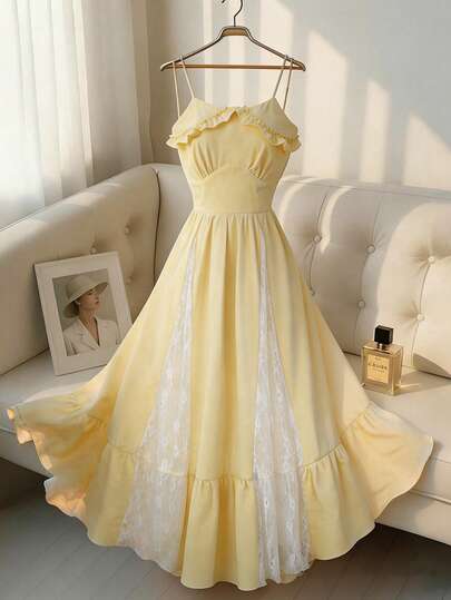 GlowEve 2026春夏新款黄色女士度假风荷叶边腰部A字蕾丝拼接吊带长裙