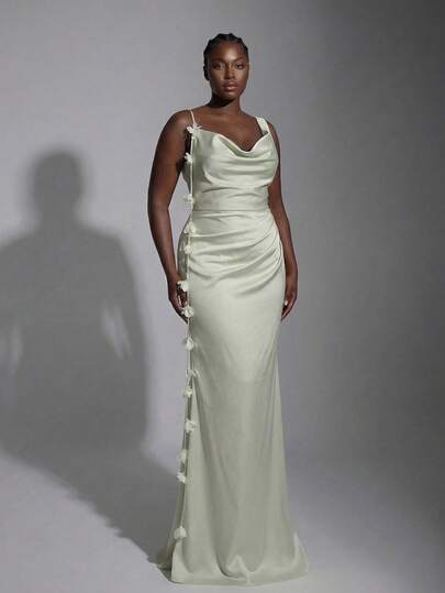 Elitara Đầm dáng ôm vừa vặn, màu xanh lá cây thanh lịch, lãng mạn, cổ bèo bất đối xứng, họa tiết hoa 3D xếp ly, chân váy đuôi cá, thích hợp cho đám cưới, tiệc tùng, kỳ nghỉ, hẹn hò, phù hợp làm phù dâu.