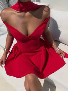 Aloruh 红色无肩带露背收腰A字迷你连衣裙，适合婚礼、情人节、约会、派对等场合。 - 紅色 - 查看 3