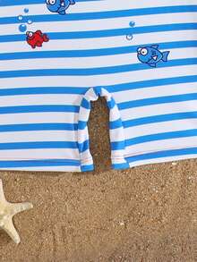 1pc Baby Boys' Swimwear,Red Crab & Ocean Animal Print One-Piece Rashguard Swimsuit + Hat,Blue White Stripe,Summer,Cute,Pool Party,Holiday Beachwear - Multicolor - View 5