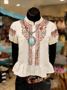 GlowEve 女士节日花卉刺绣单排扣花瓣袖衬衫 - 彩色 - 查看 3