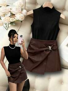 SHEIN Franclia Fashionable New High-Neck Sleeveless Slim-Fit Vest + Stylish Glossy Leather Irregular Skirt, Spring/Summer High-Waisted Slimming Bodycon Skirt With Decorative Buckles And Pleats, Women's Two-Piece Set, Elegant, Spring/Summer Outfit, Suitable For Outings, Vacations, Casual Wear, Y2K Style, Graduation Season, Fashionable Outfit, Versatile, Commuting, Sexy, Spring/Summer Black Top, Black Suit, Women's Spring/Summer Two-Piece Set.Graduation Season Attire, Fashionable Casual Commuter Wear, Business Office Wear, Versatile And Stylish Everyday Casual Wear, Urban Teacher's Professional Attire - Black - View 3
