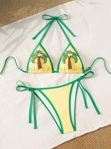 Swim Mod Bộ bikini màu vàng mới, đồ bơi gợi cảm dành cho nữ, thích hợp cho kỳ nghỉ biển với họa tiết cây dừa, bộ bikini màu vàng mùa xuân/hè họa tiết cây cọ. - Màu vàng - Xem 4