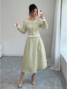 Elenzga Vestido sin mangas con parches de color azul y blanco con bolsillos con botones, conjunto elegante y casual para mujeres - Verde Pastel - Ver 5