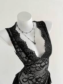 Elamini 女士花卉蕾丝深V领荷叶边性感无袖迷你连衣裙 - 黑色 - 查看 1