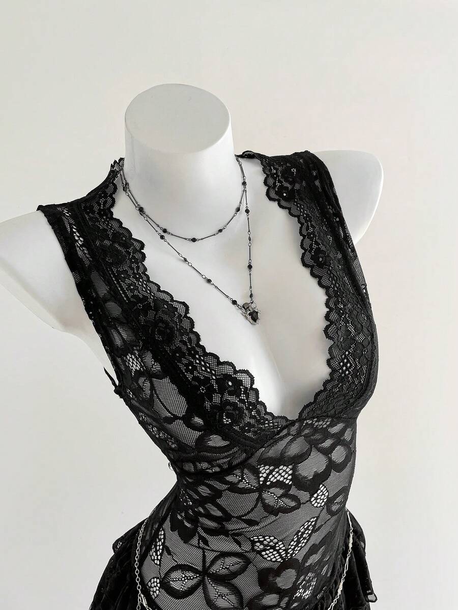 Elamini 女士花卉蕾丝深V领荷叶边性感无袖迷你连衣裙 - 黑色 - 查看 1