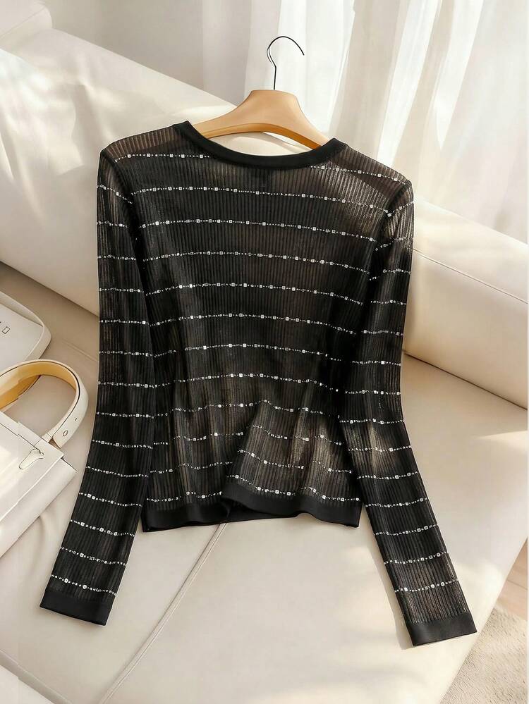Franclia Women's Round Neck Striped Casual Versatile Daily Wear Long Sleeve T-Shirt - Black - View 2