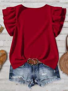 SHEIN VCAY Plus Size Women's Solid Color Round Neck Pleated Casual Versatile Daily Wear Blouse - Red - View 2