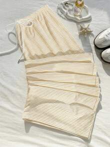 Comfortcana Quần ống rộng dáng suông kẻ sọc vàng trắng, có dây rút, phù hợp cho mùa thu/đông. - Màu vàng - Xem 3