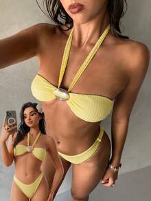 Aloruh 女士夏季性感沙滩度假风纯色纹理面料金属装饰露背系带开衩比基尼套装 - 黃色 - 查看 9