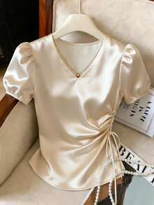 SHEIN LUNE Beige,Summer,Elegant,Tea Party French Fashion Satin V-Neck Drawstring Pleated Fitted Puff Sleeve Casual Blouse For Women,Exquisite Design Top - Apricot - View 4