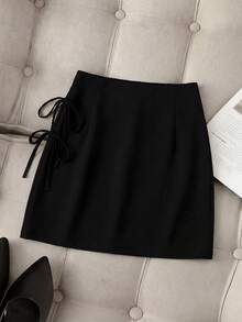 SHEIN PETITE CURVE 娇小码秋冬蝴蝶结腰部性感开衩A字黑色迷你裙，适合娇小身材 - 黑色 - 查看 8