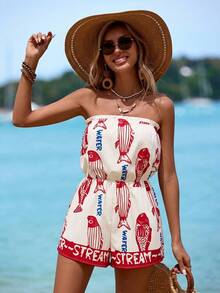 Swim Vcay Women's Spring/Summer New Ocean Fish Print Beach Halter Jumpsuit Coverup, Tropical Vibe, Beach Party, Pool Party, Holiday Party, Spring Break, Boho Style, Women's Summer Casual Beach Vacation - Burgundy - View 1