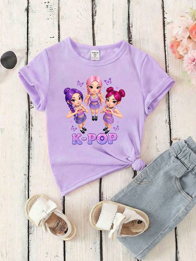 女童休闲卡通印花短袖T恤，夏季 - 淡紫色 - 查看 3