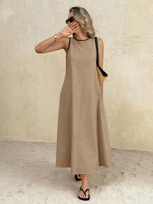 Vestido largo de cuello redondo casual para mujer, adecuado para uso diario y citas - Caqui - Ver 2