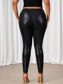 SHEIN Tall CURVE 大码弹力鳄鱼纹印花打底裤 - 黑色 - 查看 2