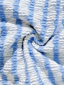 少女条纹比基尼套装，休闲两件式泳衣，三角泳裤设计，适合度假、海滩、夏季穿着。 - 藍色 - 查看 8