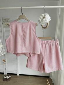 Comfortcana Bộ áo vest và quần short kẻ sọc đỏ cỡ lớn, trang phục thường ngày mùa hè cho lễ tốt nghiệp, tựu trường, trang phục giáo viên mùa thu/đông. - Đỏ - Xem 7